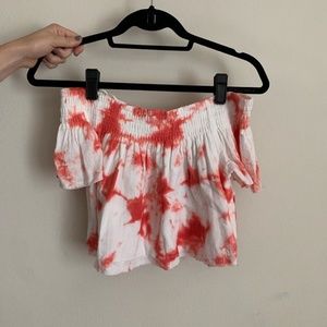 Terrycloth tie dye off the shoulder crop top